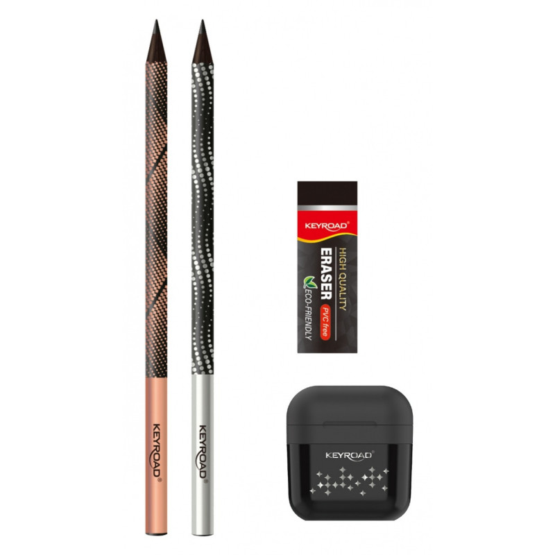 Zestaw szkolny KEYROAD Black Pencil Set, 2x czarny ołówek + gumka + temperówka, blister, czarny