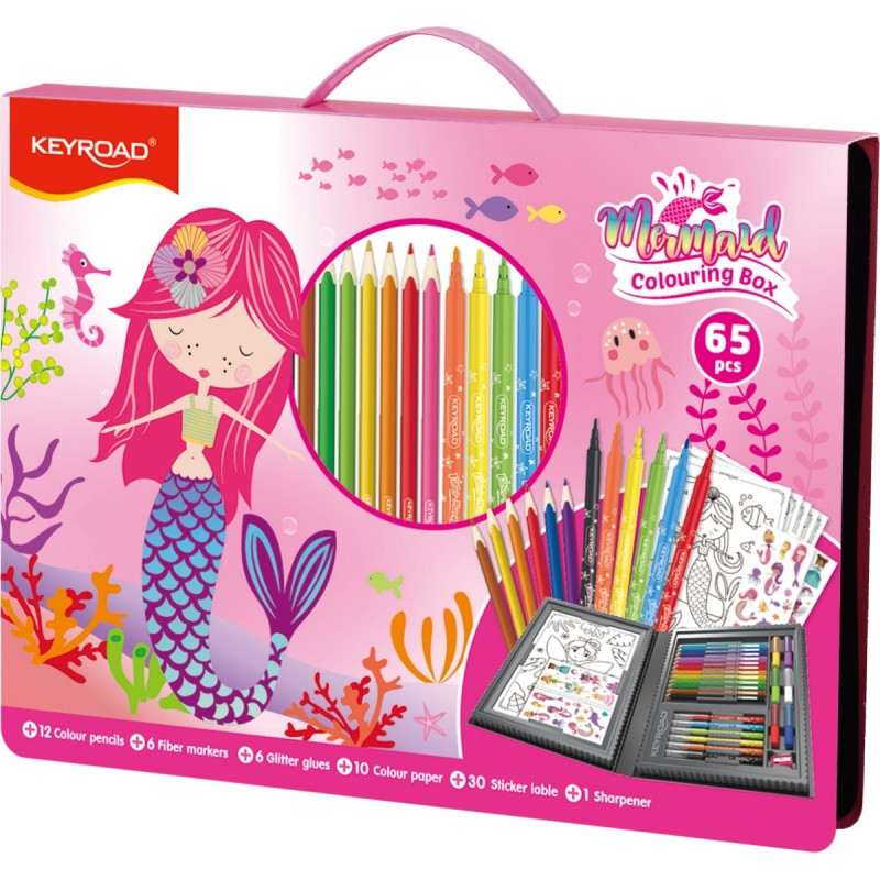 Zestaw artystyczny KEYROAD Mermaid, 65 elementów, pudełko z rączką, różowy