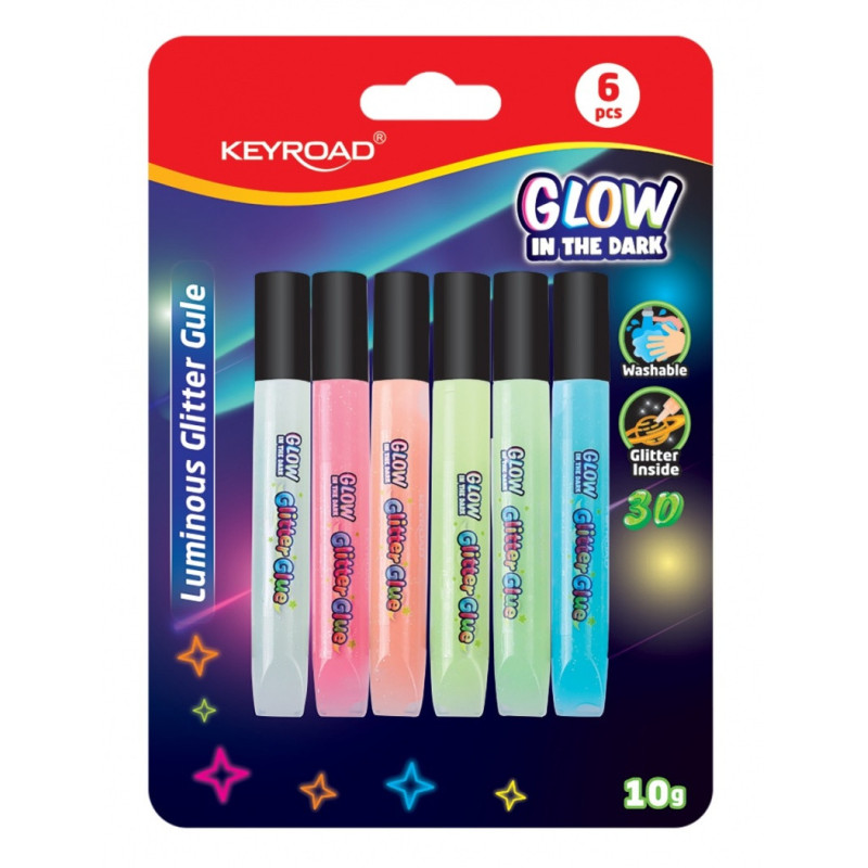 Klej brokatowy KEYROAD Luminious, fluorescencyjny, 6x10ml, blister, mix kolorów