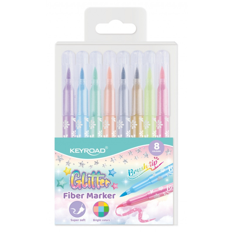 Flamastry KEYROAD Fiber Marker Glitter, zakończone pędzelkiem, brokatowe, 8 szt., mix kolorów pastelowych