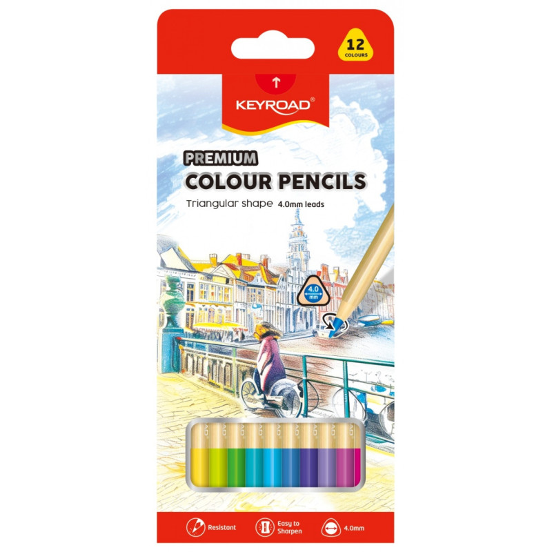 Kredki ołówkowe KEYROAD, trójkątne, 4mm, 12 szt., mix kolorów