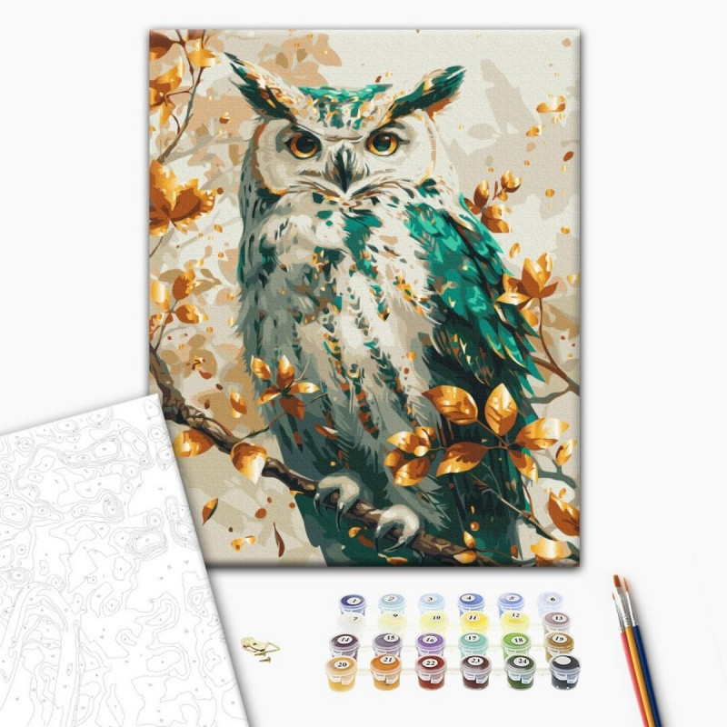 Malowanie po numerach BRUSHME, 40x50 cm, gold, szmaragdowa sowa, 1 szt., w pudełku