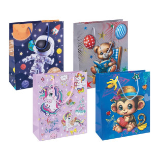 Torebka na prezenty DONAU HOME, laminowana, 25x30x10cm, dziecięca, sznurek, mix wzorów
