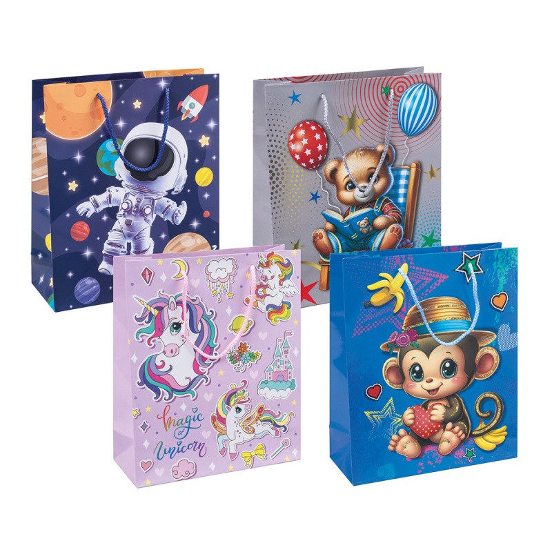 Torebka na prezenty DONAU HOME, laminowana, 25x30x10cm, dziecięca, sznurek, mix wzorów