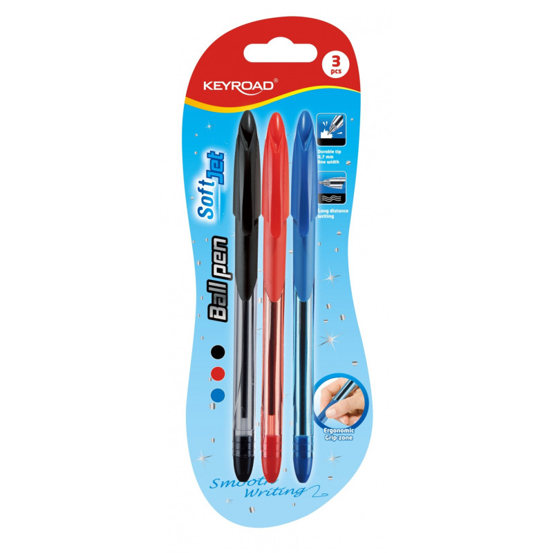 Długopis KEYROAD Ball Pen Soft Jet, miękki uchwyt, 0,7mm, 3 szt., blister, mix kolorów