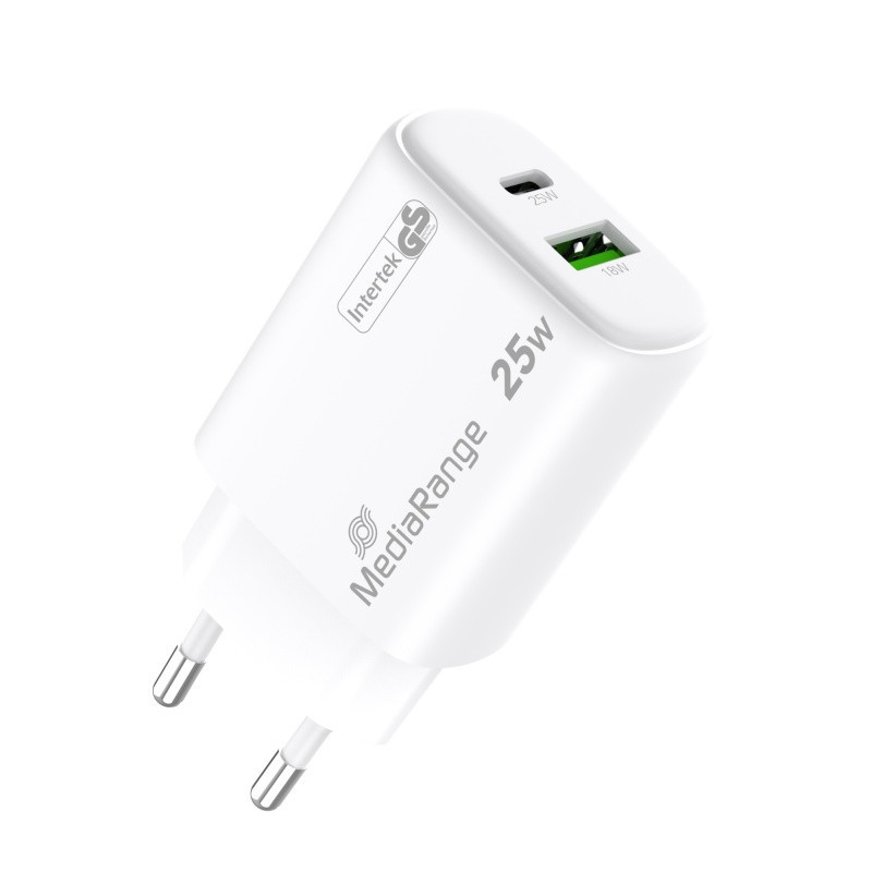 Ładowarka MEDIARANGE 25W, szybkie ładowanie, 1xUSB-C + 1xUSB-A, biały
