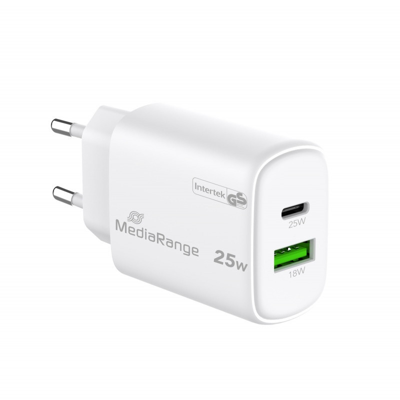 Ładowarka MEDIARANGE 25W, szybkie ładowanie, 1xUSB-C + 1xUSB-A, biały