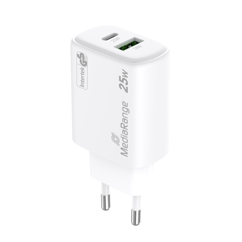 Ładowarka MEDIARANGE 25W, szybkie ładowanie, 1xUSB-C + 1xUSB-A, biały