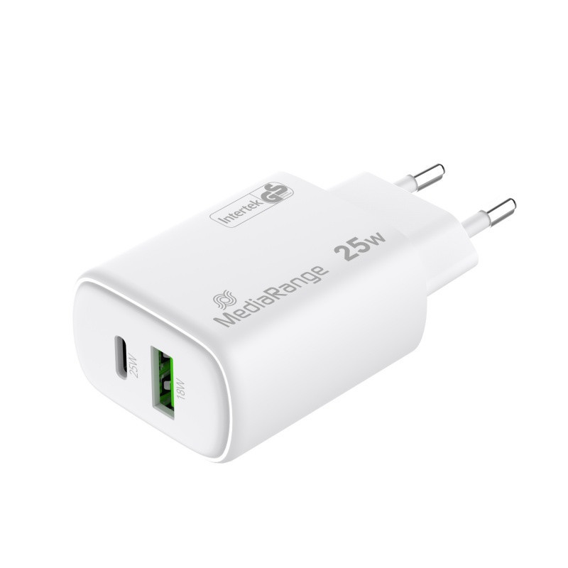 Ładowarka MEDIARANGE 25W, szybkie ładowanie, 1xUSB-C + 1xUSB-A, biały