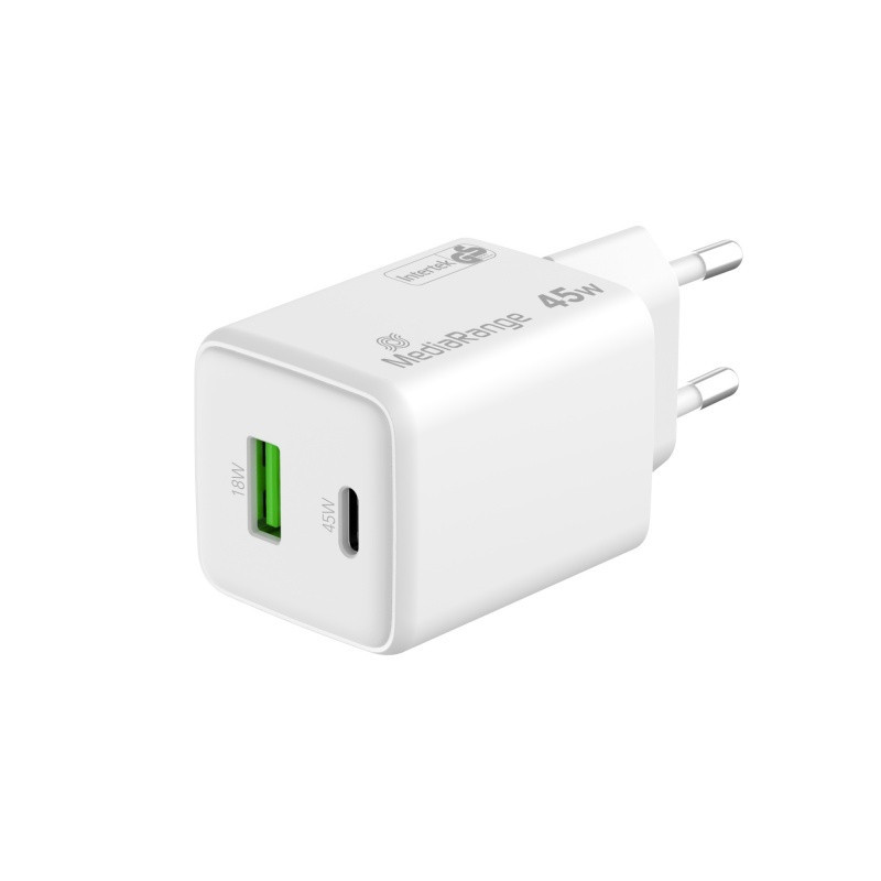 Ładowarka MEDIARANGE 45W, szybkie ładowanie, 1xUSB-C + 1xUSB-A, biały