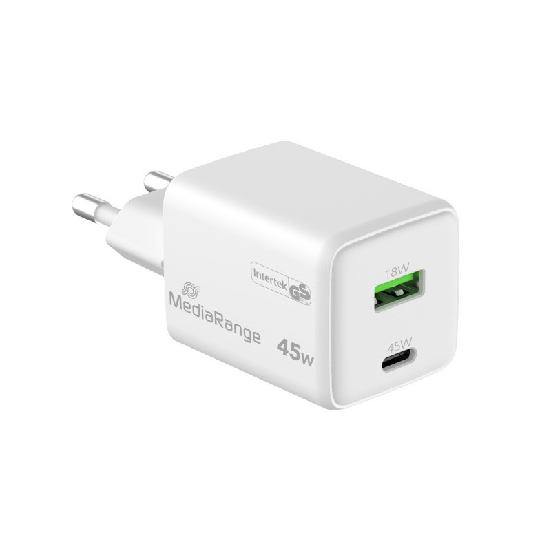 Ładowarka MEDIARANGE 45W, szybkie ładowanie, 1xUSB-C + 1xUSB-A, biały
