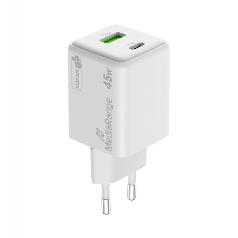Ładowarka MEDIARANGE 45W, szybkie ładowanie, 1xUSB-C + 1xUSB-A, biały