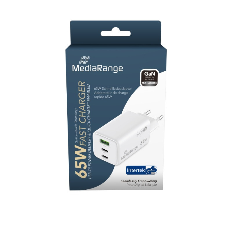 Ładowarka MEDIARANGE 65W, szybkie ładowanie, 2xUSB-C + 1xUSB-A, biały