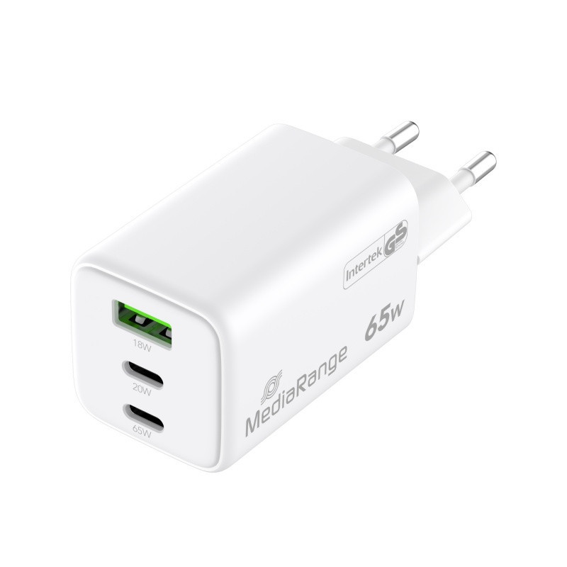 Ładowarka MEDIARANGE 65W, szybkie ładowanie, 2xUSB-C + 1xUSB-A, biały