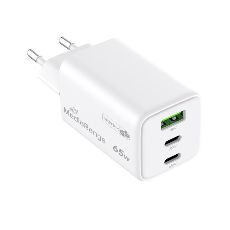 Ładowarka MEDIARANGE 65W, szybkie ładowanie, 2xUSB-C + 1xUSB-A, biały