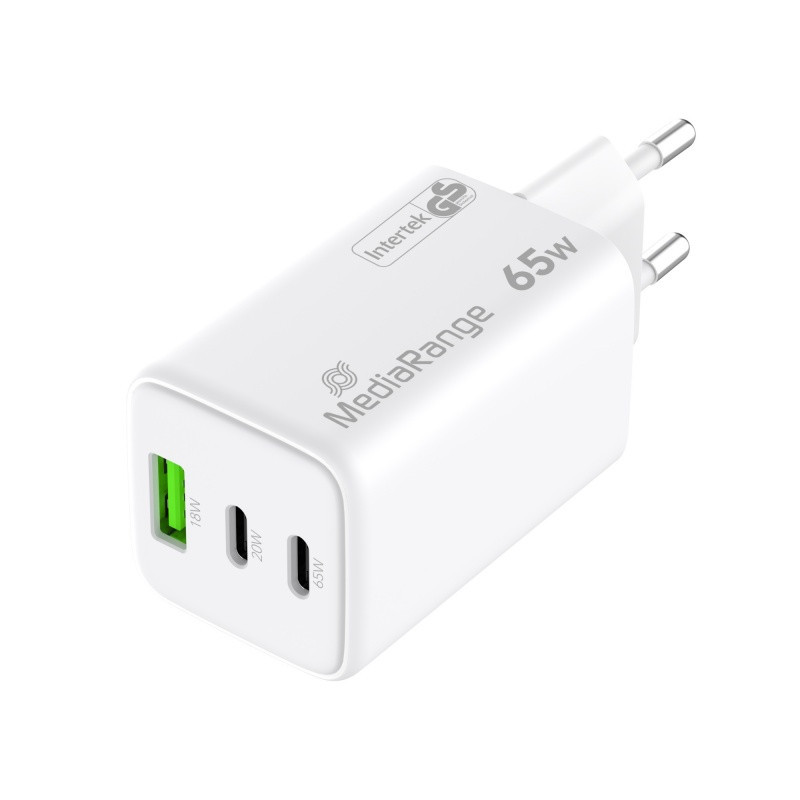Ładowarka MEDIARANGE 65W, szybkie ładowanie, 2xUSB-C + 1xUSB-A, biały