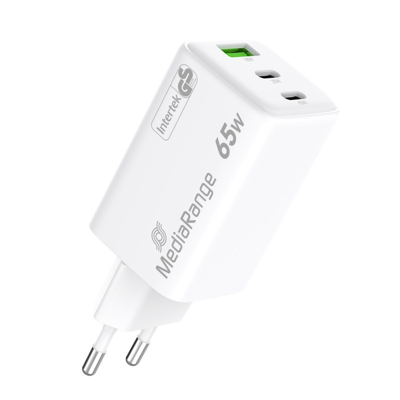Ładowarka MEDIARANGE 65W, szybkie ładowanie, 2xUSB-C + 1xUSB-A, biały