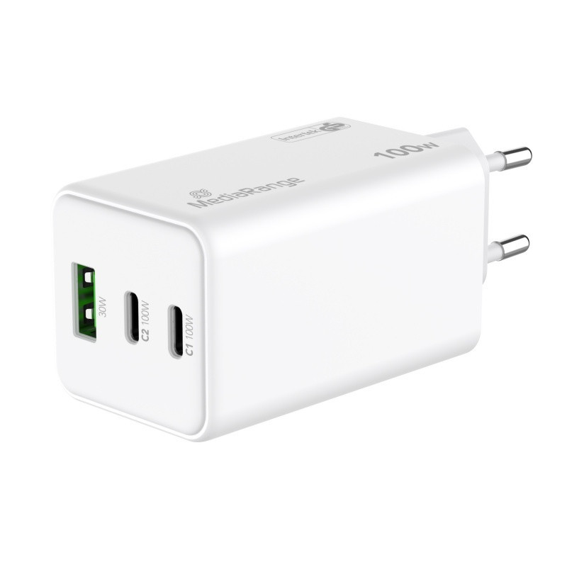 Ładowarka MEDIARANGE 100W, szybkie ładowanie, 2xUSB-C + 1xUSB-A, biały