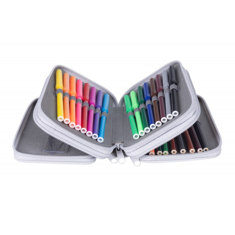 Piórnik szkolny GIMBOO, z wyposażeniem, 3 komory, Puppies 2025, szary