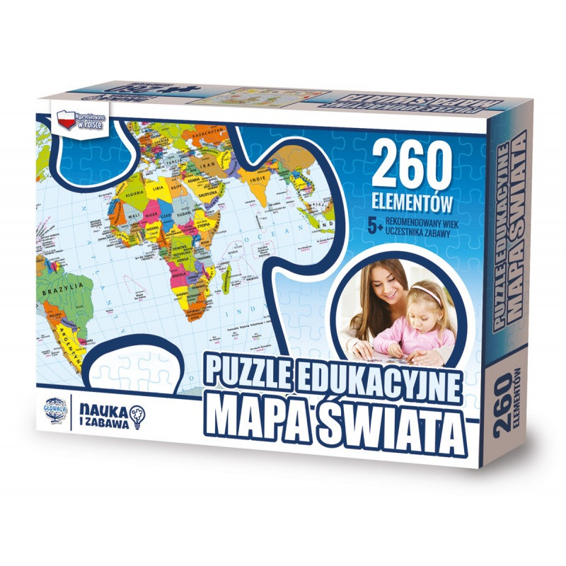 Puzzle edukacyjne GŁOWALA, mapa Świata, 260 elementów, 60x40cm