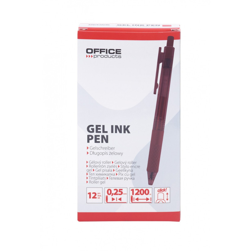 Długopis automatyczny żelowy OFFICE PRODUCTS, gr. linii 0,25mm, dł. linii 1200m, czerwony