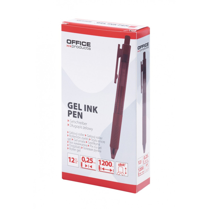 Długopis automatyczny żelowy OFFICE PRODUCTS, gr. linii 0,25mm, dł. linii 1200m, czerwony