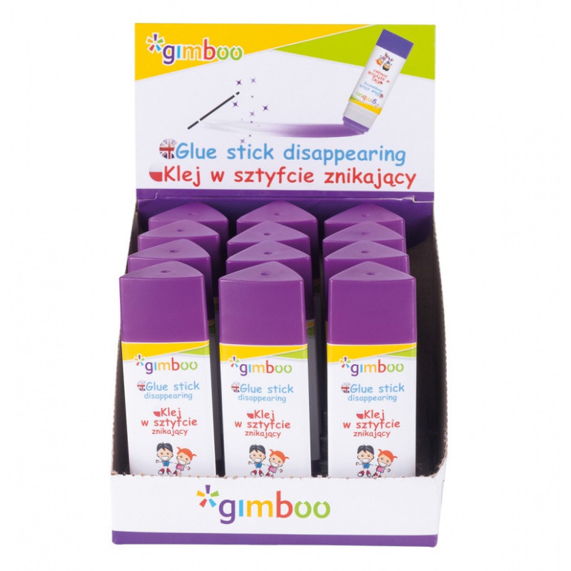 Klej w sztyfcie GIMBOO, PVP, trójkątny, znikający, 15g, 1 szt., pakowany w displayu, fioletowy