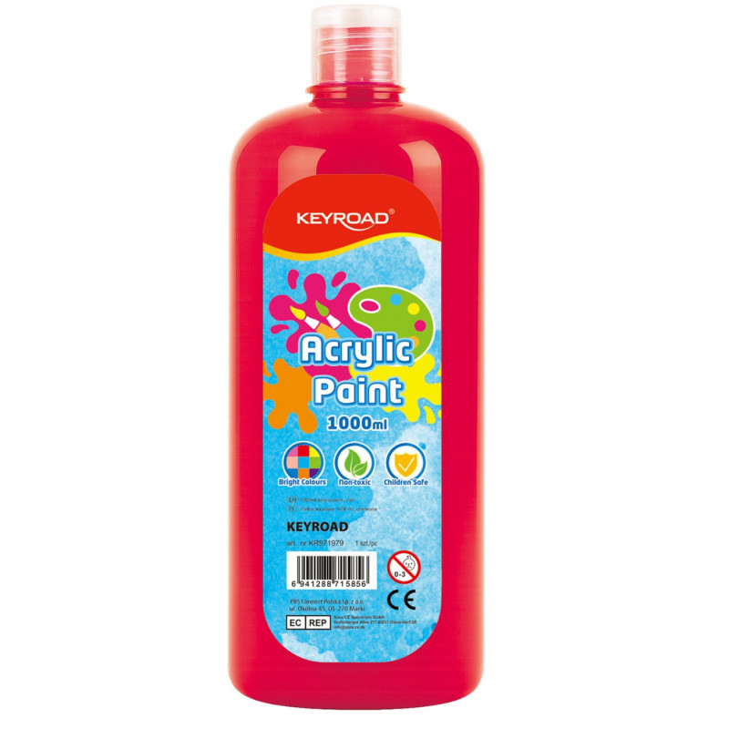 Farba akrylowa KEYROAD, 1000ml, butelka, czerwona