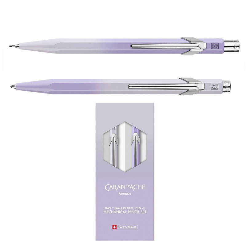 Zestaw długopis 849 + ołówek 844 Caran d’Ache Blooming Lavender, w etui, liliowo-szary