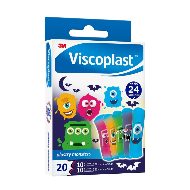 Plastry dziecięce VISCOPLAST Monsters, 2 rozmiary, 20 szt., pudełko