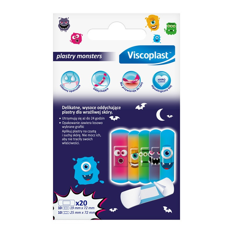 Plastry dziecięce VISCOPLAST Monsters, 2 rozmiary, 20 szt., pudełko
