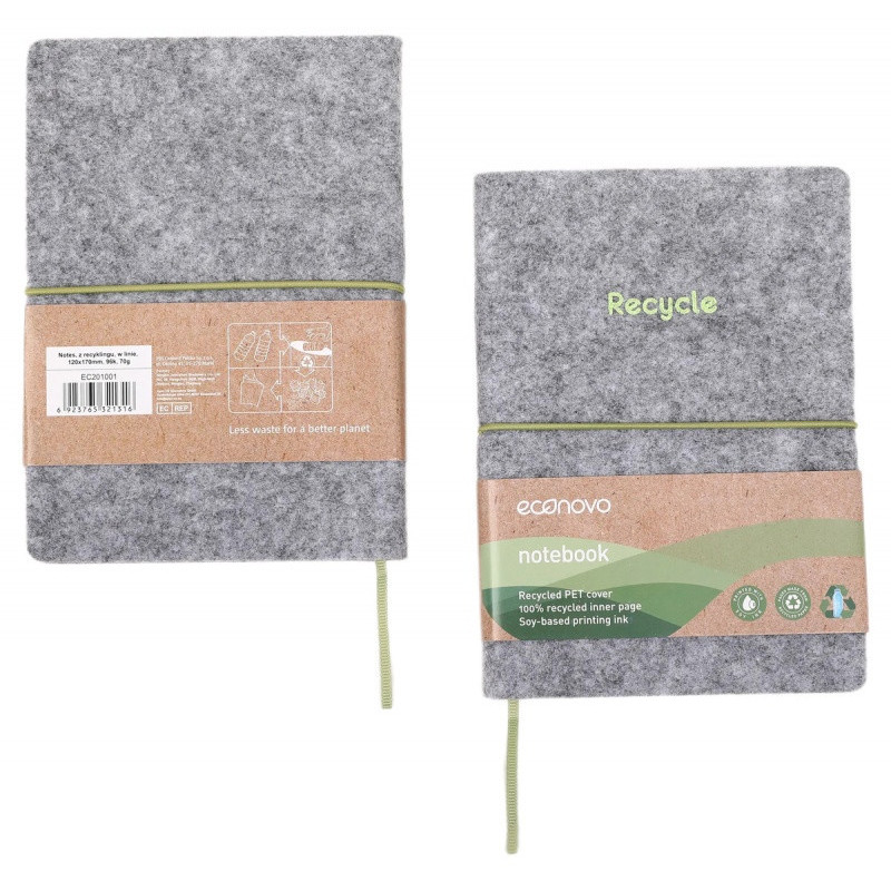 Notes ECONOVO, z recyklingu, okładka z filcu, w linie, 96 kart, 70gsm, szary