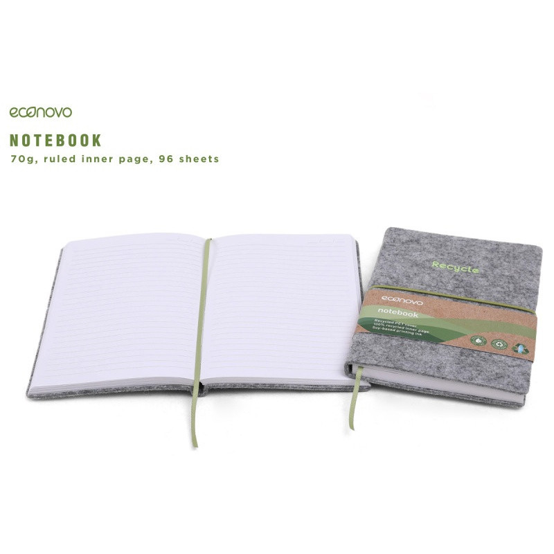 Notes ECONOVO, z recyklingu, okładka z filcu, w linie, 96 kart, 70gsm, szary