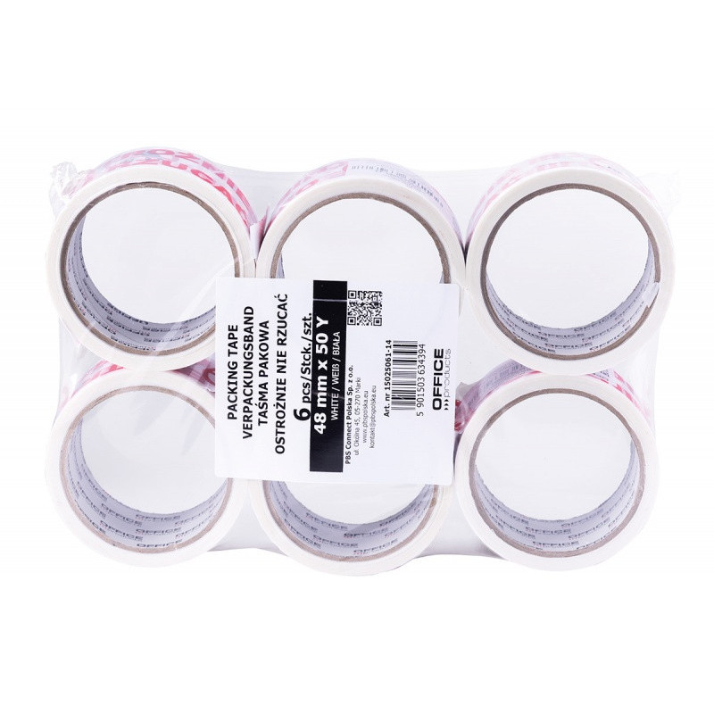 Taśma pakowa OFFICE PRODUCTS, ostrożnie nie rzucać, 48mm x 50y, 36mic, 1szt., biała