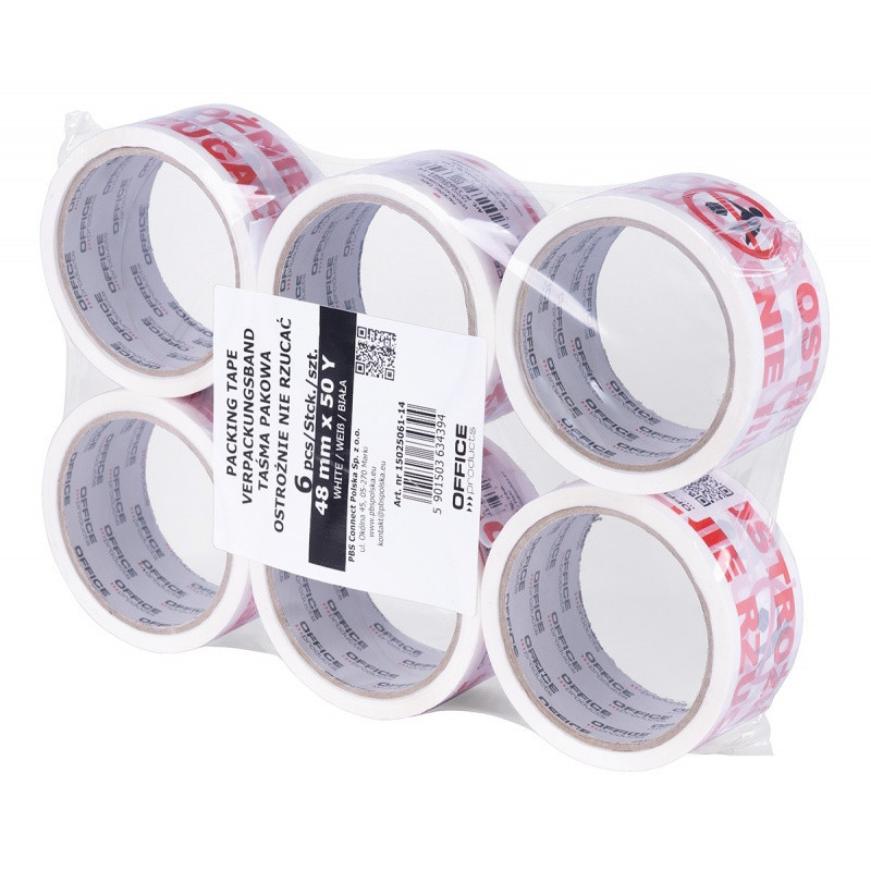 Taśma pakowa OFFICE PRODUCTS, ostrożnie nie rzucać, 48mm x 50y, 36mic, 1szt., biała