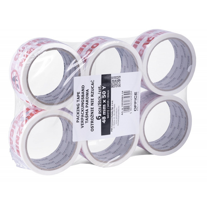 Taśma pakowa OFFICE PRODUCTS, ostrożnie nie rzucać, 48mm x 50y, 36mic, 1szt., biała