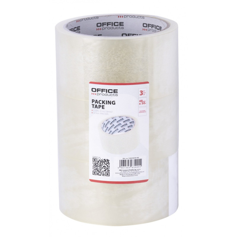 Taśma pakowa OFFICE PRODUCTS, 48mm x 50y, 36mic, 3szt., transparentna