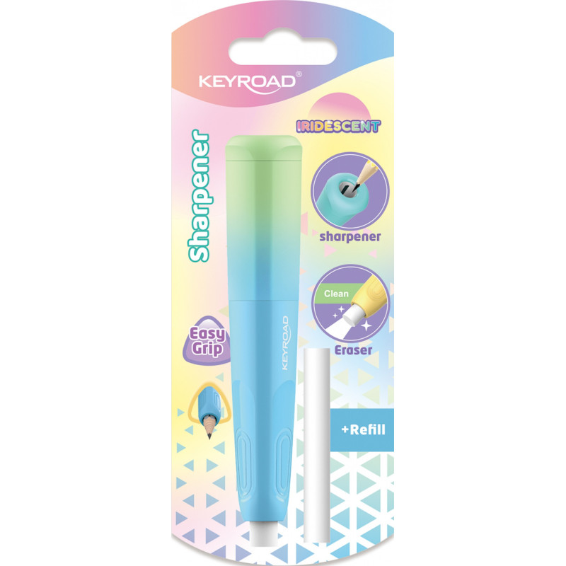 Temperówka plastikowa KEYROAD, z gumką, opalizująca, pojedyncza, blister, mix kolorów