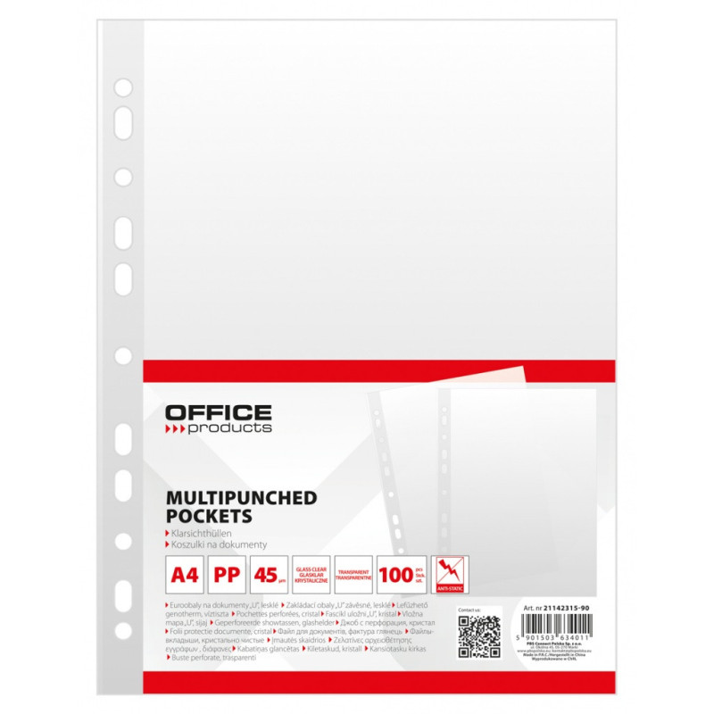 Koszulki na dokumenty OFFICE PRODUCTS, PP, A4, krystal, 45mikr., 100szt.