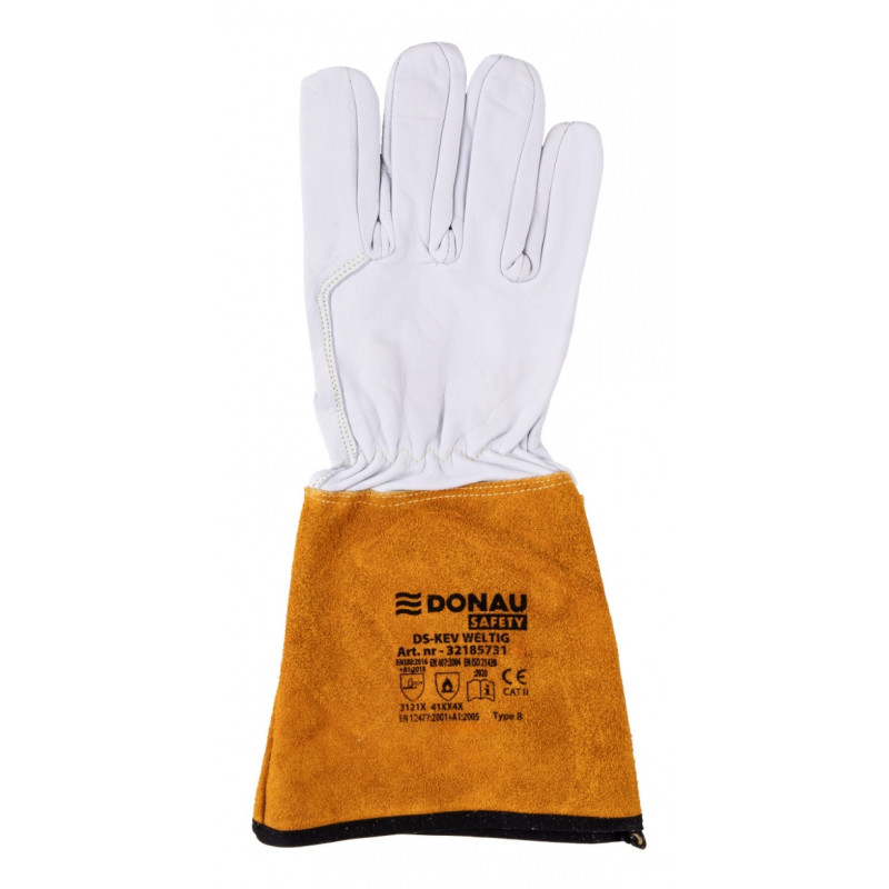 Rękawice spawalnicze DONAU SAFETY DS-KEV WELTIG, kevlar, skóra kozia, rozm. 9/L, biało-złote