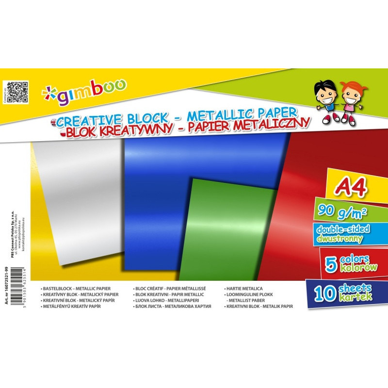 Blok kreatywny GIMBOO, A4, 10 kart., 90gsm, mix kolorów metalicznych