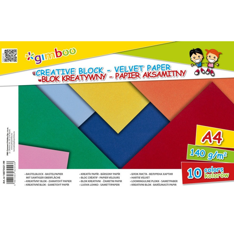 Blok kreatywny GIMBOO, A4, 140gsm, papier aksamitny, klejony, mix kolorów