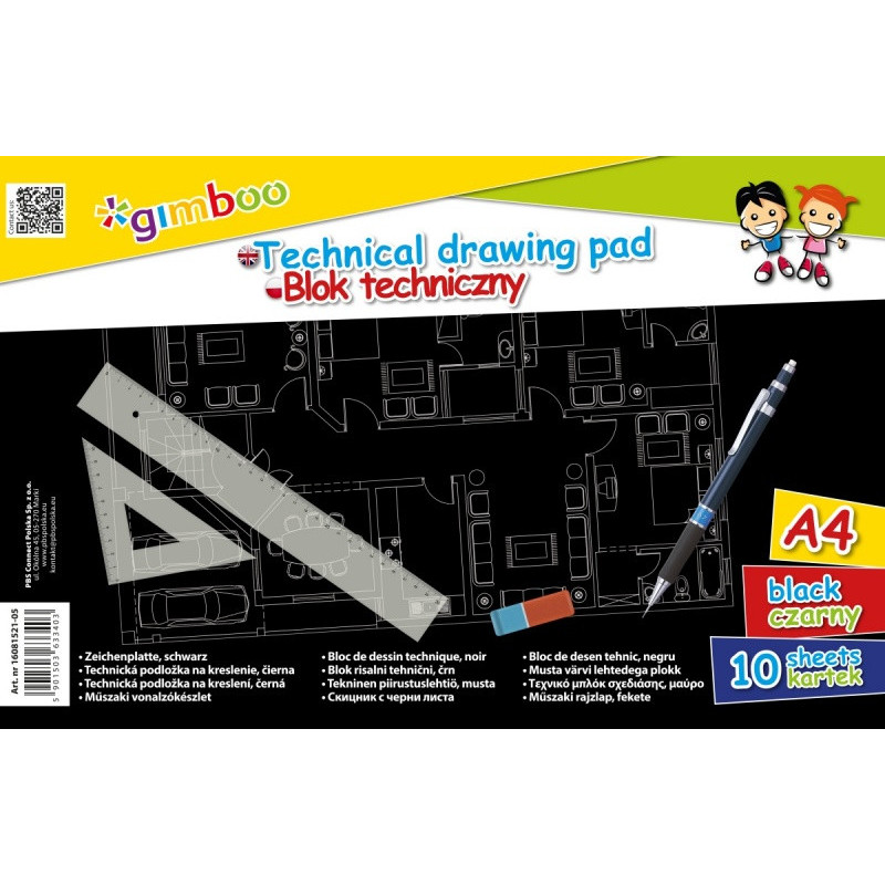 Blok techniczny GIMBOO, A4, 10 kart., 150gsm, czarny