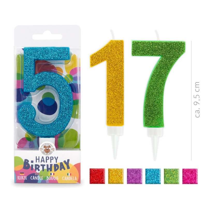 Świeczka urodzinowa TRENDHAUS Birthday Fun maxi, brokatowa, cyfra 0-9, mix kolorów
