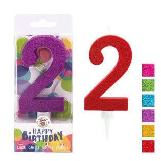 Świeczka urodzinowa TRENDHAUS Birthday Fun maxi, brokatowa, cyfra 2, mix kolorów