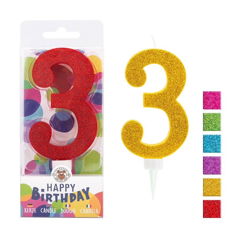Świeczka urodzinowa TRENDHAUS Birthday Fun maxi, brokatowa, cyfra 3, mix kolorów