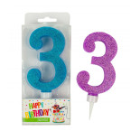 Świeczka urodzinowa TRENDHAUS Birthday Fun maxi, brokatowa, cyfra 3, mix kolorów