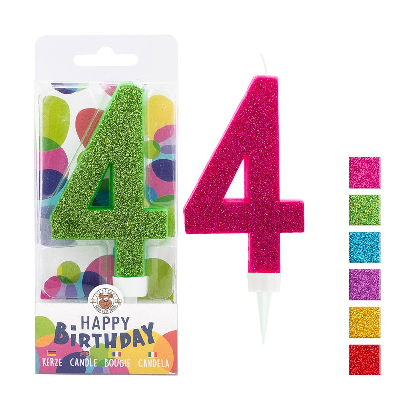 Świeczka urodzinowa TRENDHAUS Birthday Fun maxi, brokatowa, cyfra 4, mix kolorów