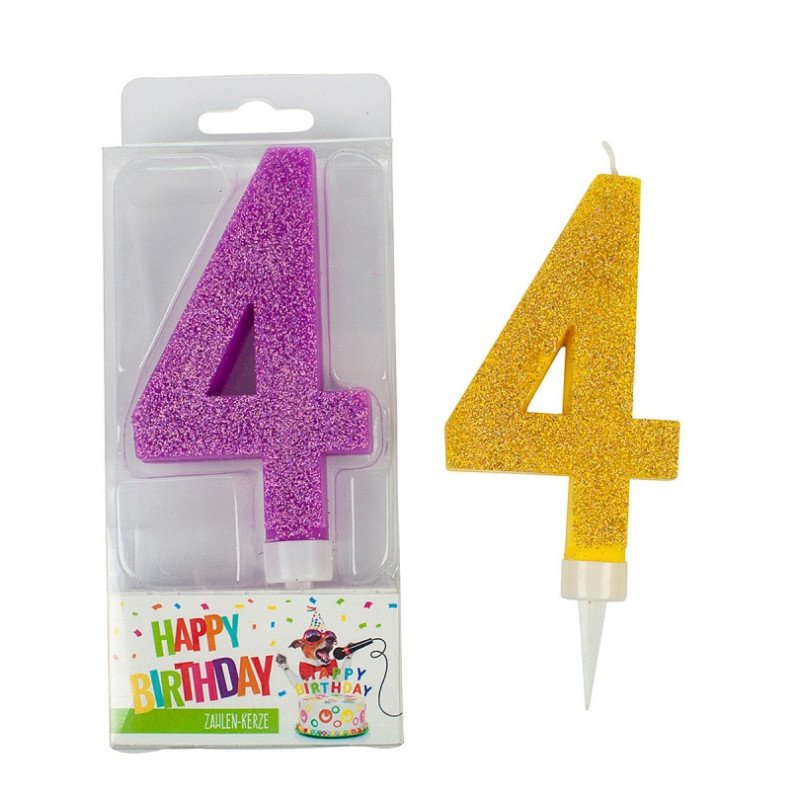 Świeczka urodzinowa TRENDHAUS Birthday Fun maxi, brokatowa, cyfra 4, mix kolorów