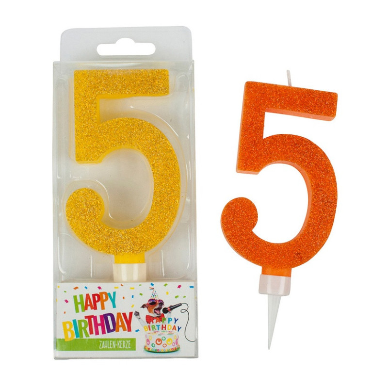 Świeczka urodzinowa TRENDHAUS Birthday Fun maxi, brokatowa, cyfra 5, mix kolorów